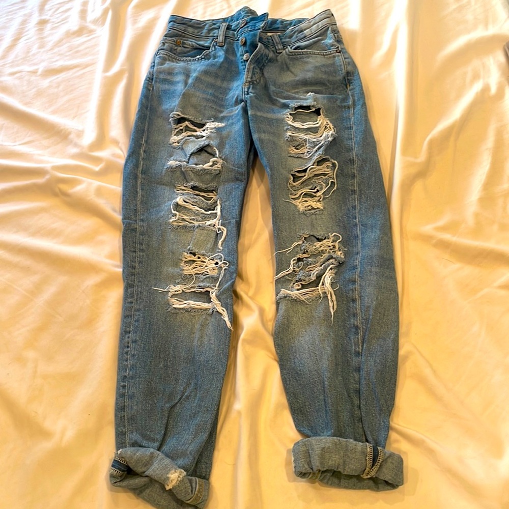 &Denim super distressed jeans, holes down legs. Size 2 boyfriend jeans.
